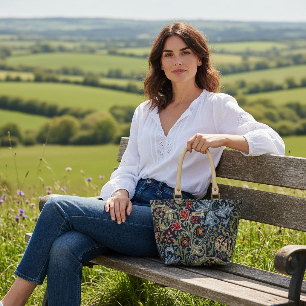 William Morris Handbag held by seated model showing exquisite Golden Lily tapestry design by Umpie Handbags