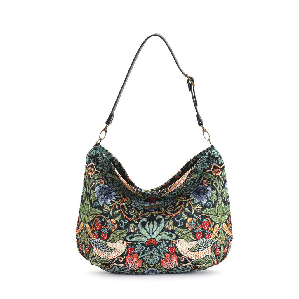 Front view of William Morris Hobo Bag featuring Strawberry Thief pattern with thrushes and botanical blooms by Umpie Handbags