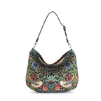 Front view of William Morris Hobo Bag featuring Strawberry Thief pattern with thrushes and botanical blooms by Umpie Handbags