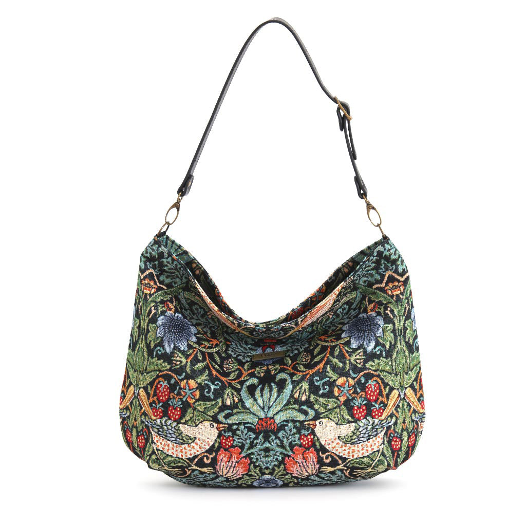 Front view of William Morris Hobo Bag featuring Strawberry Thief pattern with thrushes and botanical blooms by Umpie Handbags