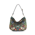 Front view of William Morris Hobo Bag featuring Strawberry Thief pattern with thrushes and botanical blooms by Umpie Handbags