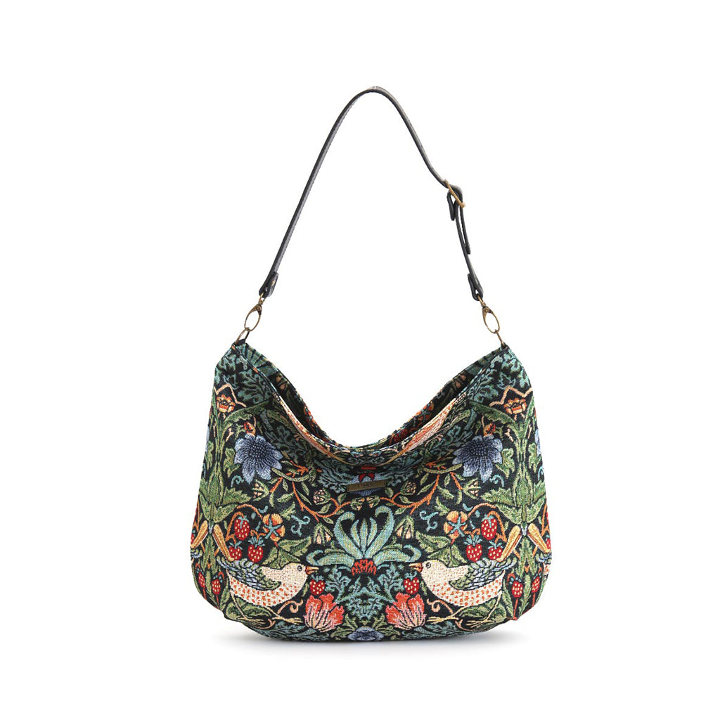 Front view of William Morris Hobo Bag featuring Strawberry Thief pattern with thrushes and botanical blooms by Umpie Handbags