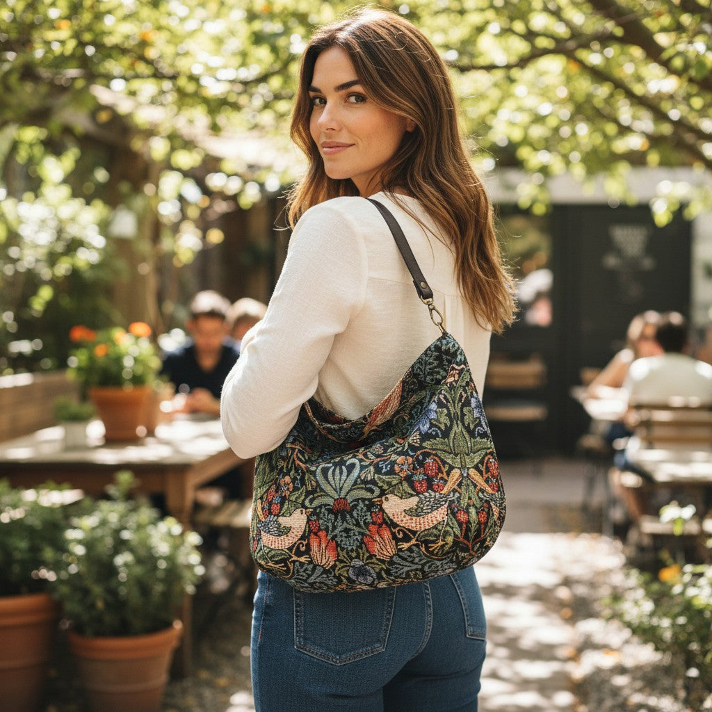 William Morris Hobo Bag worn on shoulder showing iconic Strawberry Thief tapestry design and black leather strap by Umpie Handbags
