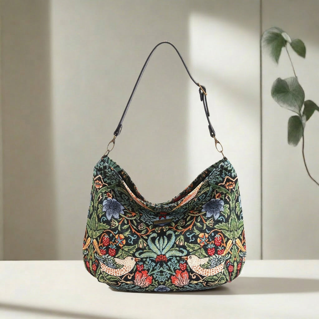 Front view of William Morris Hobo Bag featuring Strawberry Thief pattern with thrushes and botanical blooms by Umpie Handbags