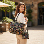 William Morris botanical tapestry weekend travel set showing weekender bag and crossbody bag in rich Victorian floral pattern with premium black leather details by Umpie Handbags