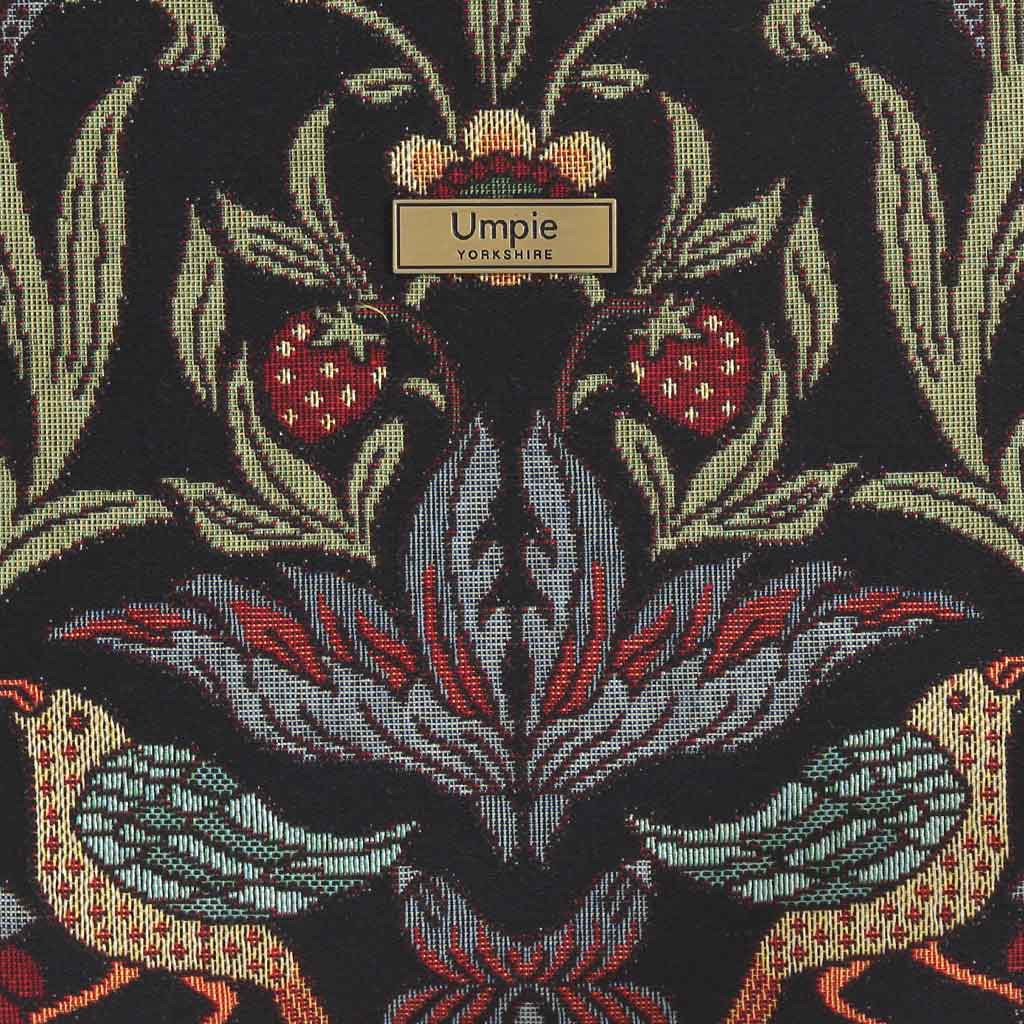 Close-up detail of exquisite William Morris Victorian botanical tapestry fabric featuring intricate blooms and leaves on crossbody bag by Umpie Handbags