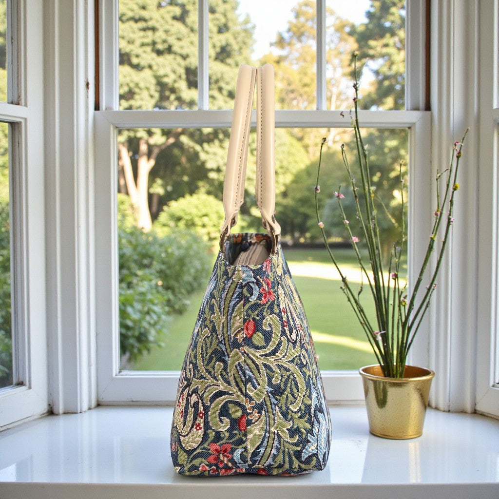 Side view of William Morris Handbag, showing exquisite Golden Lily tapestry design by Umpie Handbags