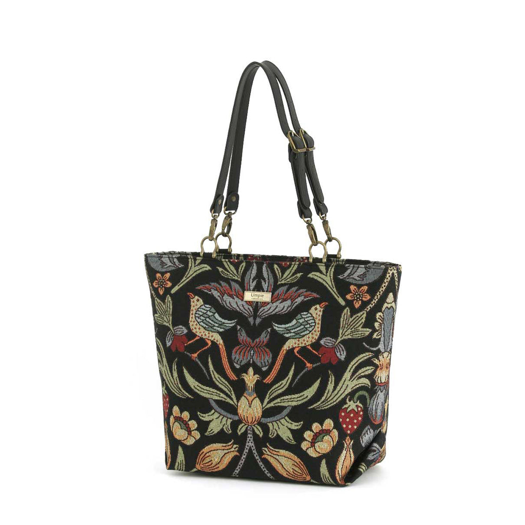 William Morris Tote Bag worn on shoulder displaying rich tapestry pattern and elegant silhouette by Umpie Handbags