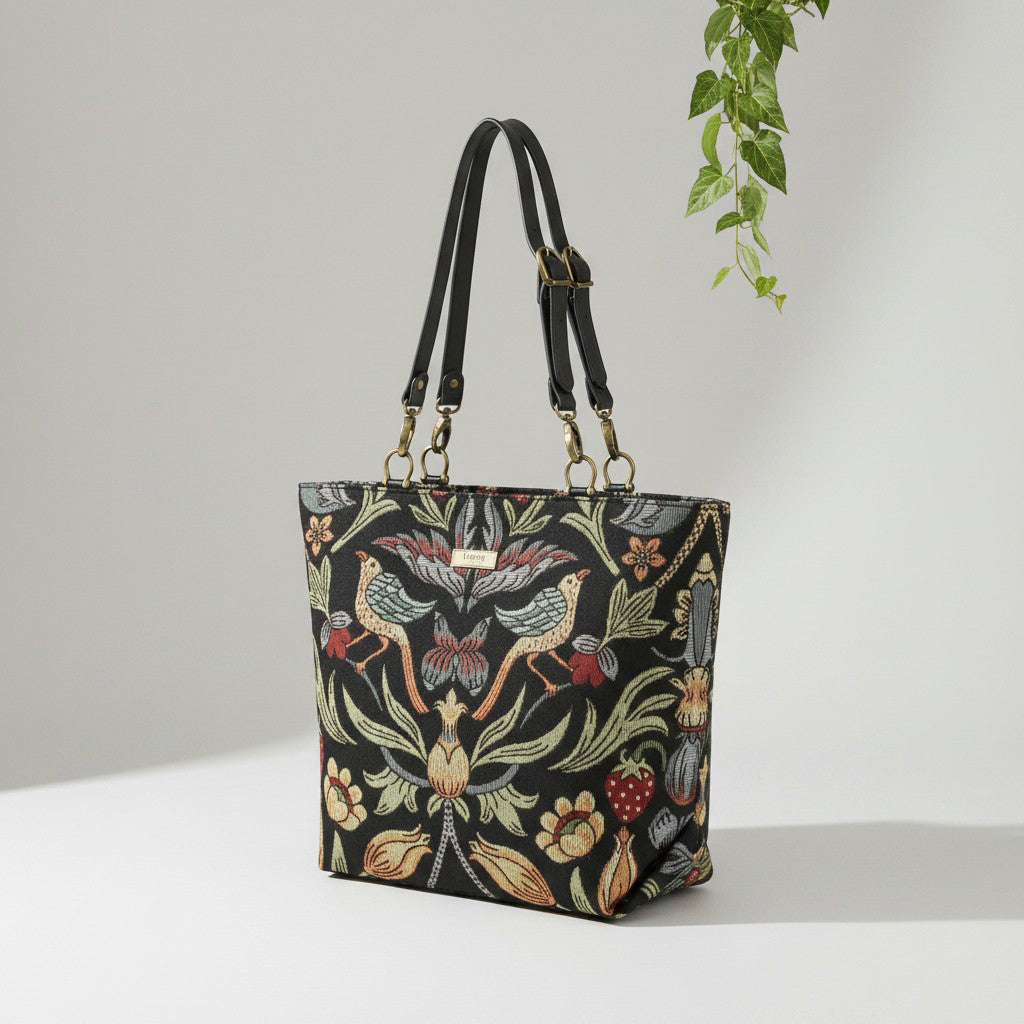 William Morris Tote Bag worn on shoulder displaying rich tapestry pattern and elegant silhouette by Umpie Handbags