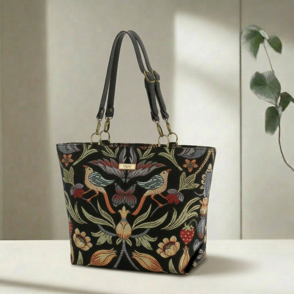 William Morris Tote Bag worn on shoulder displaying rich tapestry pattern and elegant silhouette by Umpie Handbags