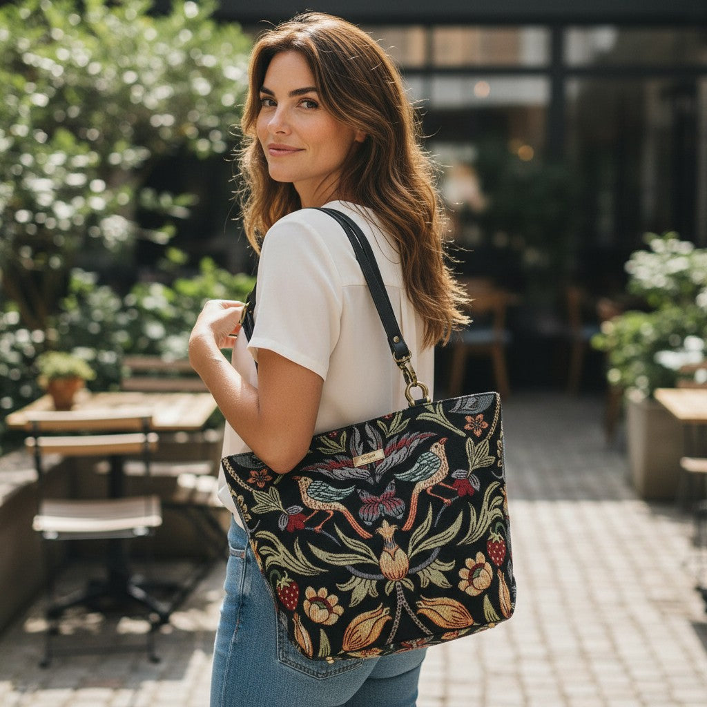 William Morris Tote Bag carried by model showing Victorian botanical tapestry and black leather straps by Umpie Handbags