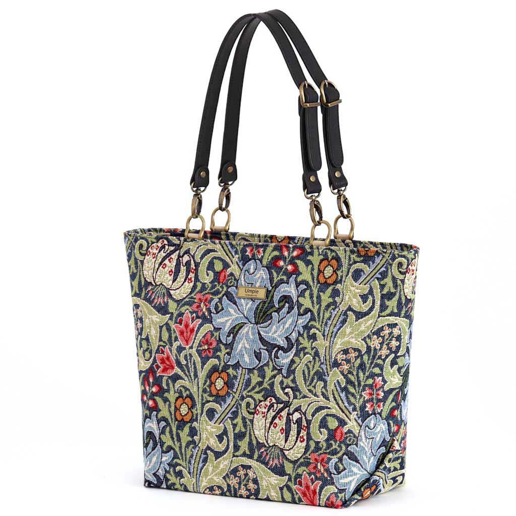 The front view of the William Morris Golden Lily shoulder bag with black leather straps by Umpie Handbags