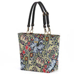 The front view of the William Morris Golden Lily shoulder bag with black leather straps by Umpie Handbags