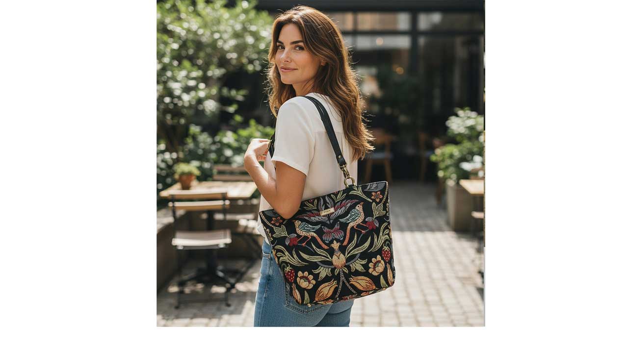 Luxurious William Morris tote bag in rich botanical print featuring intricate floral patterns, premium fabric construction with leather handles, showcasing British heritage textile craftsmanship by Umpie Handbags