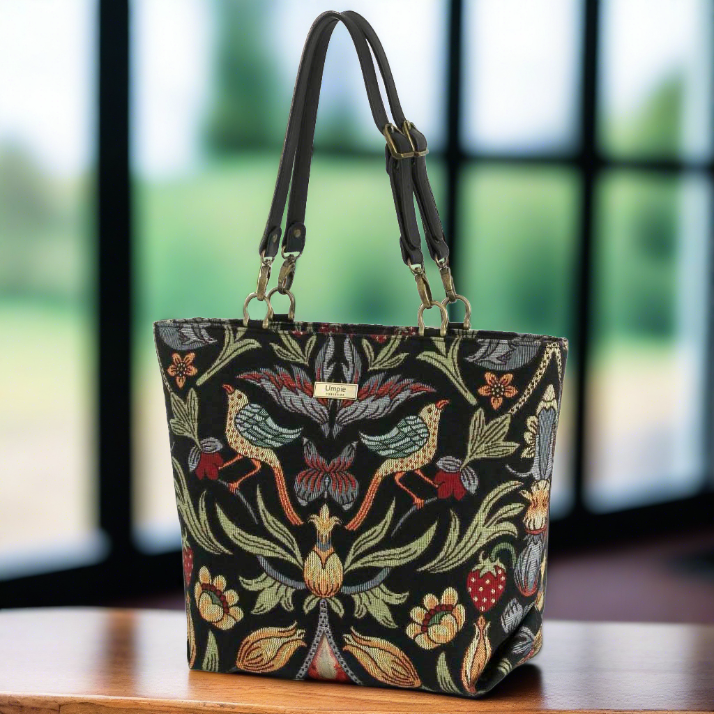 The William Morris Tote Bag with black leather straps.