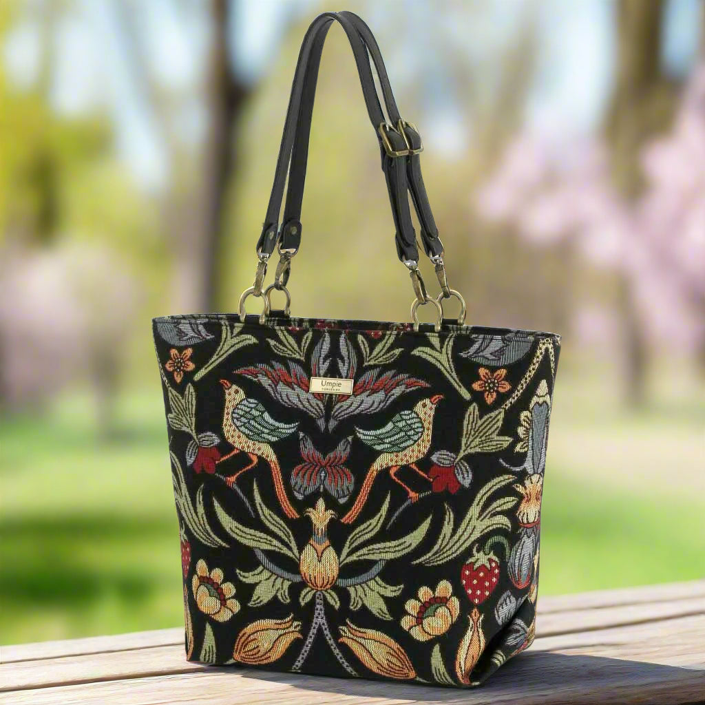 William Morris Tote Bag - Victorian Botanical Tapestry Design with Black Leather Straps - Yorkshire Crafted