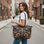 William Morris Weekend Bag carried by model showing Victorian botanical tapestry and black leather handles by Umpie Handbags