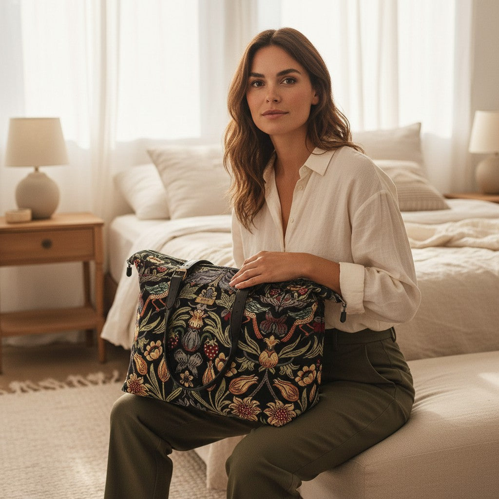 William Morris Weekend Bag held by model in hotel room showing spacious size perfect for weekend getaways by Umpie Handbags"