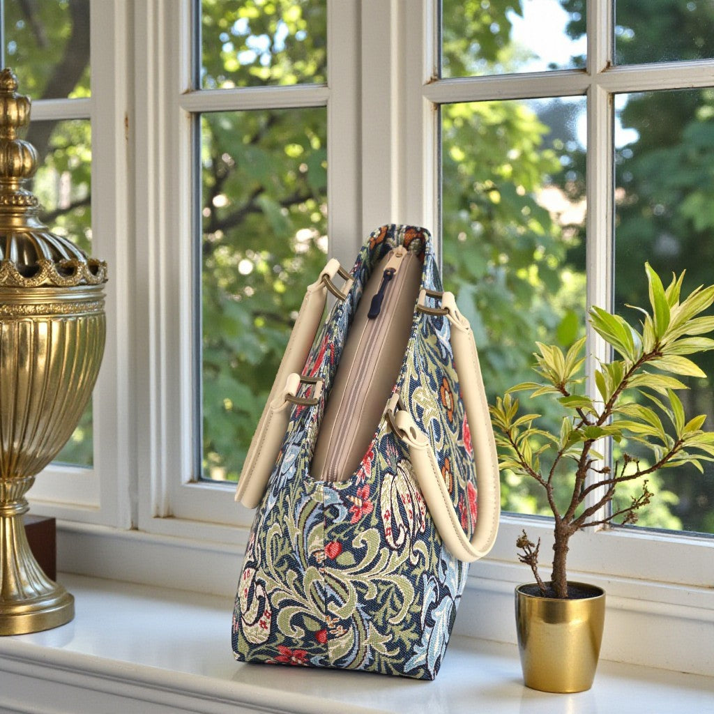 Top zip detail of William Morris Handbag revealing spacious interior and secure closure by Umpie Handbags