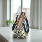 William Morris handbag in a floral-pattern with black leather handles, zip-top view
