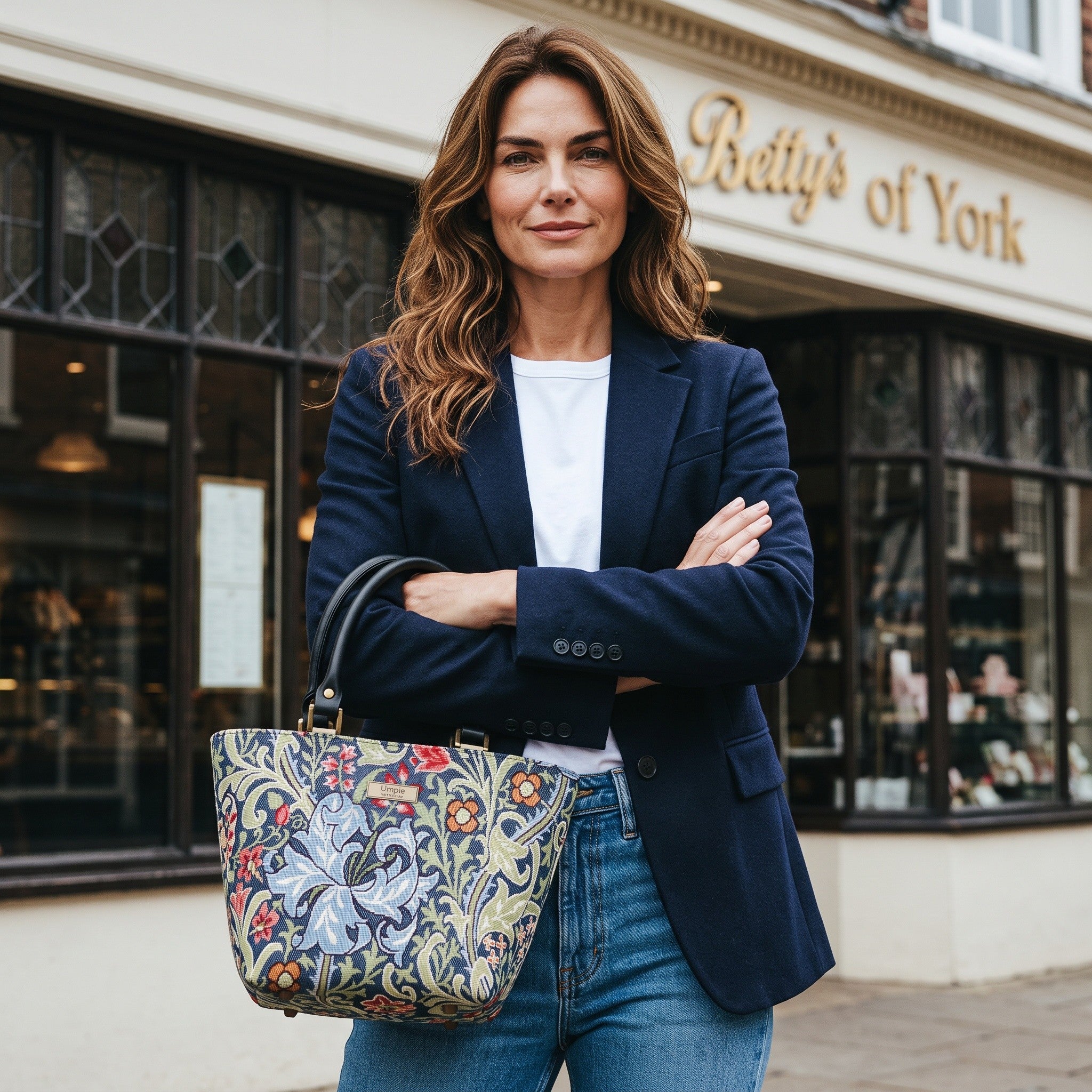 Model holding the William Morris Golden Lily handbag outside Betty's of York, by Umpie Handbags