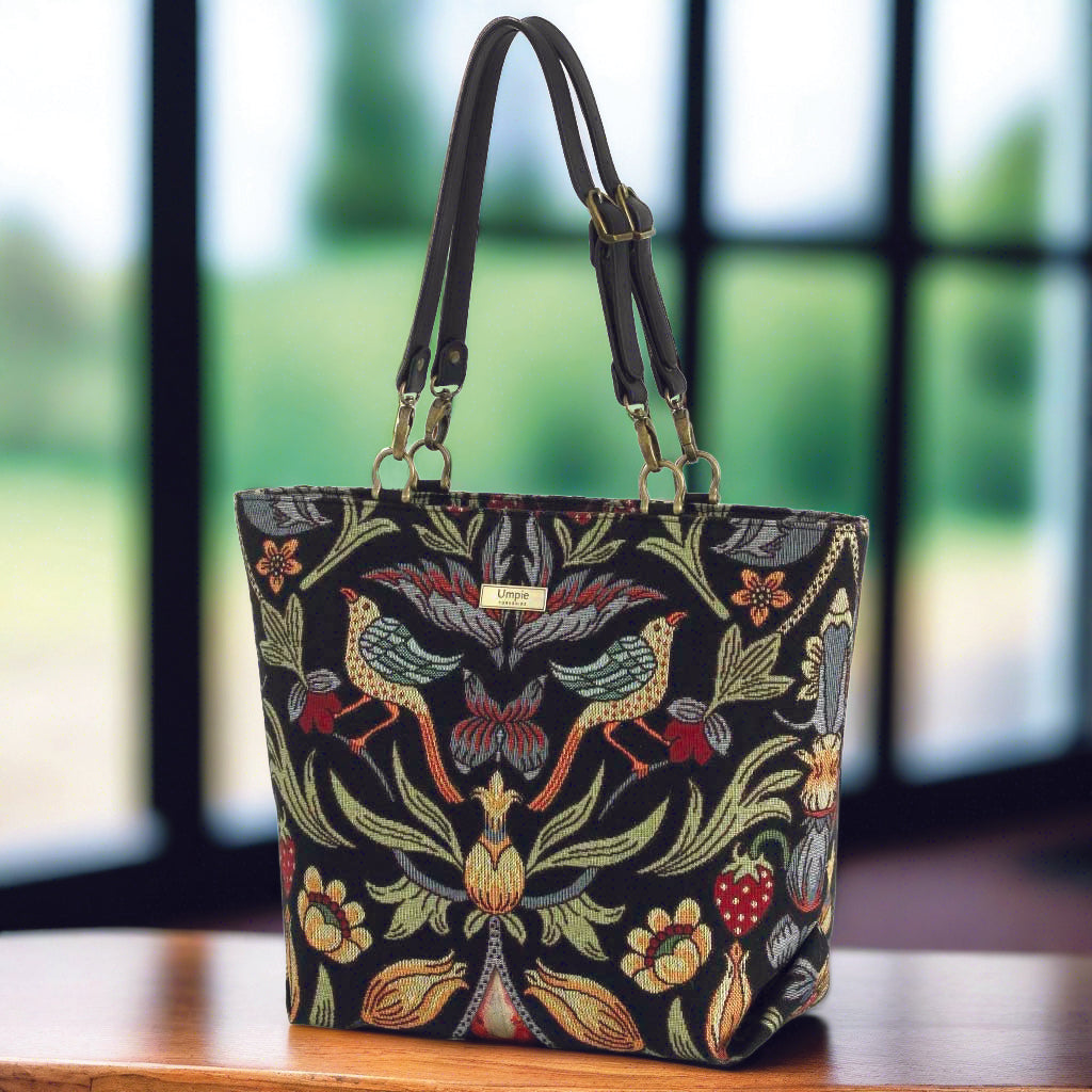 The William Morris Tote Bag with black leather straps