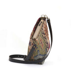 Zip-top view of Kilim canvas crossbody bag with navy and green geometric pattern handmade in Great Britain by Umpie Handbags