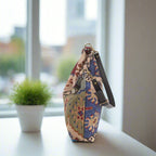 The Green Mix colour, Kilim Design Canvas Hobo Bag With Black Leather Strap by Umpie Handbags - zip-top view