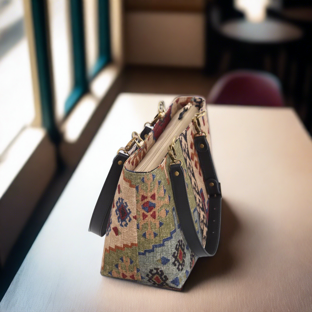 The Canvas Shoulder Bag with black leather straps