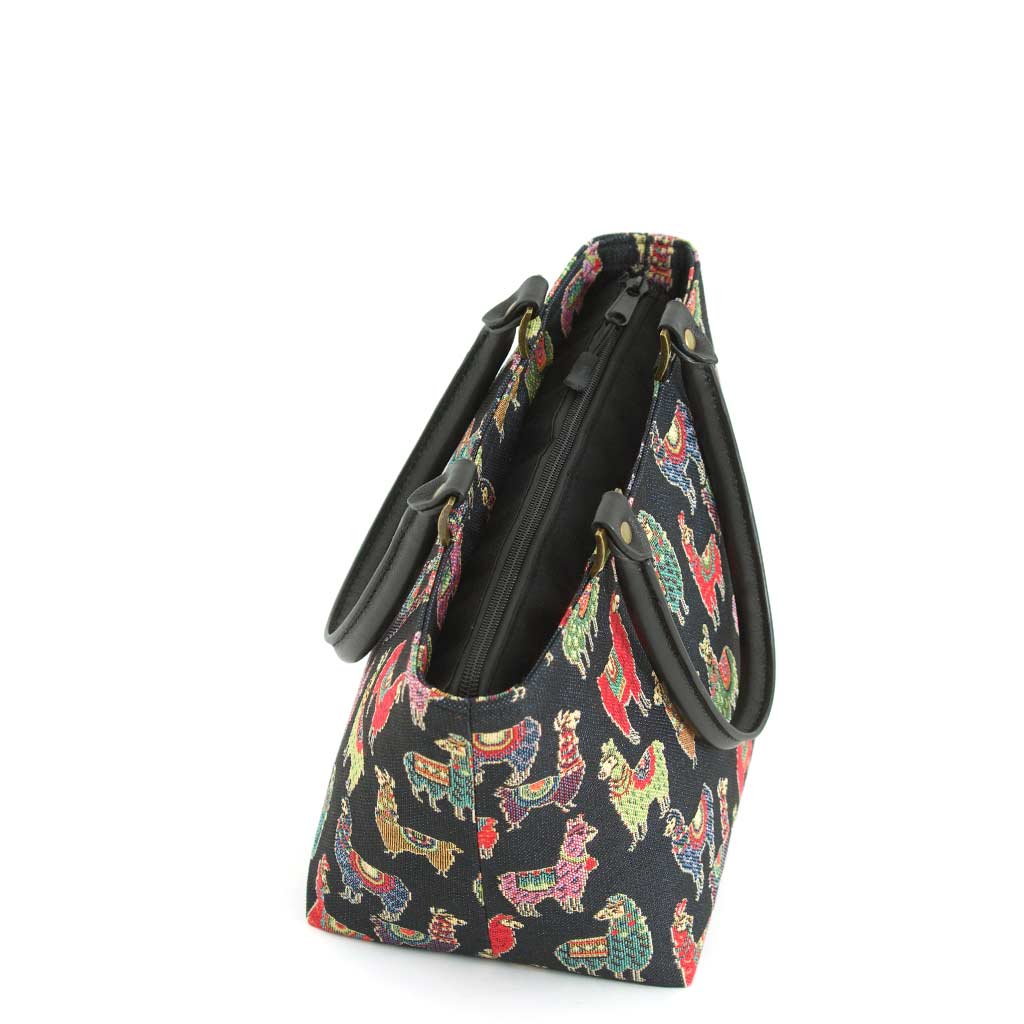 Alpaca Handbag with black leather handles, by Umpie Handbags - zip-top view