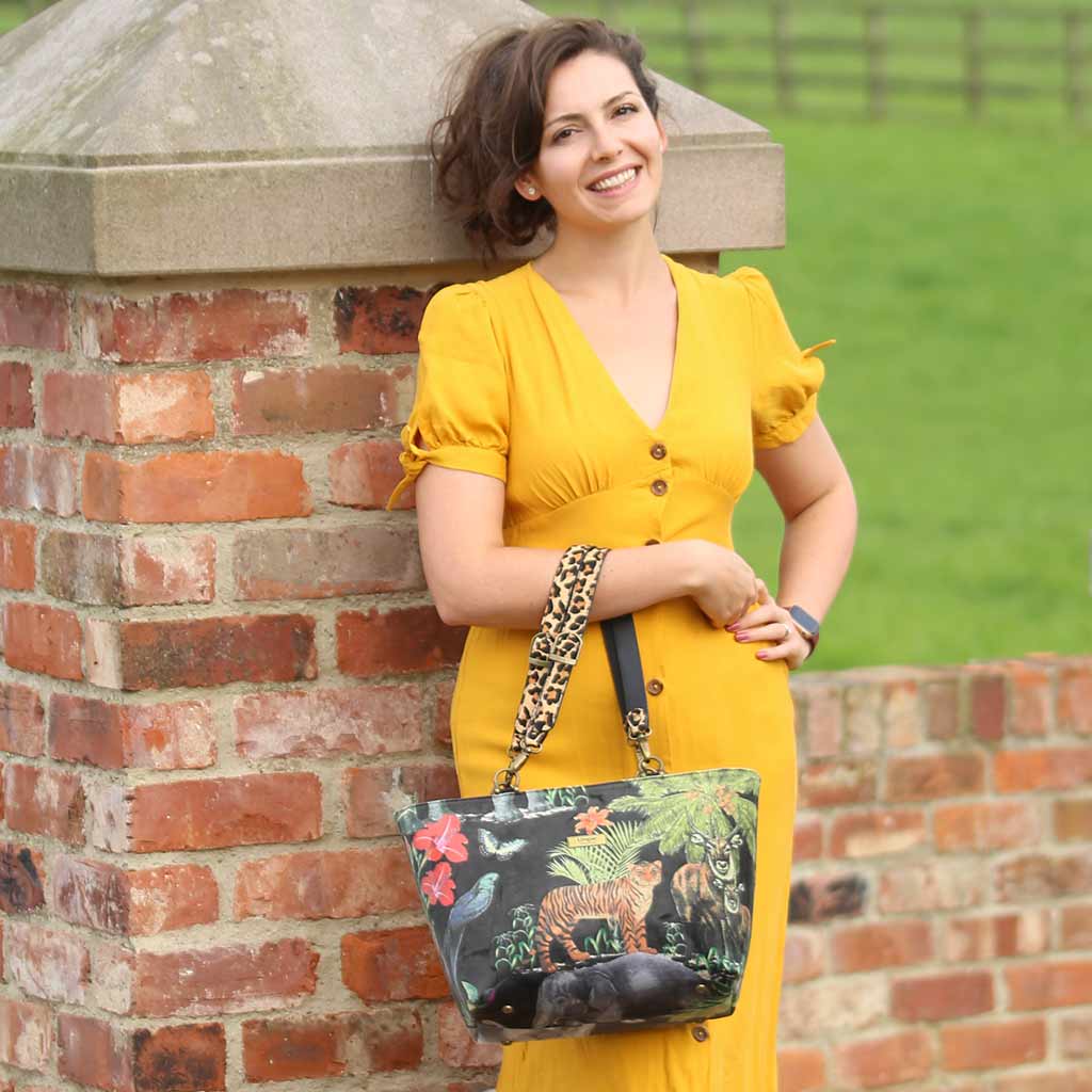 Tiger Shoulder Bag in black velvet with leopard print leather straps, by Umpie Handbags