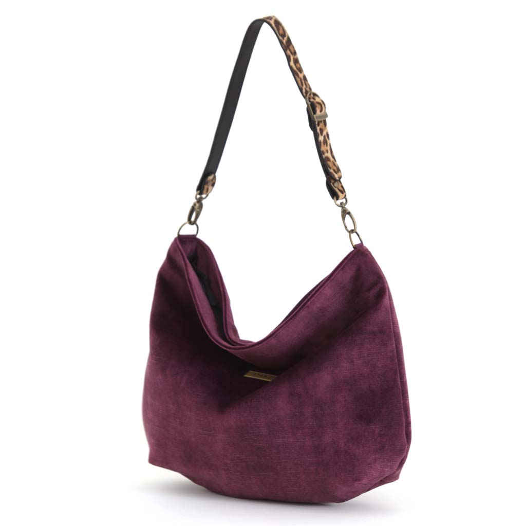 Aubergine Velvet Hobo Bag with leopard leather strap, by Umpie Handbags
