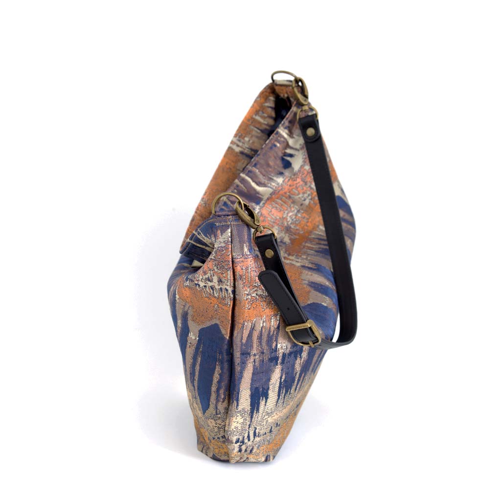 Metallic Hobo Bag, Bronze/Navy with black leather strap, by Umpie Handbags - zip-top view