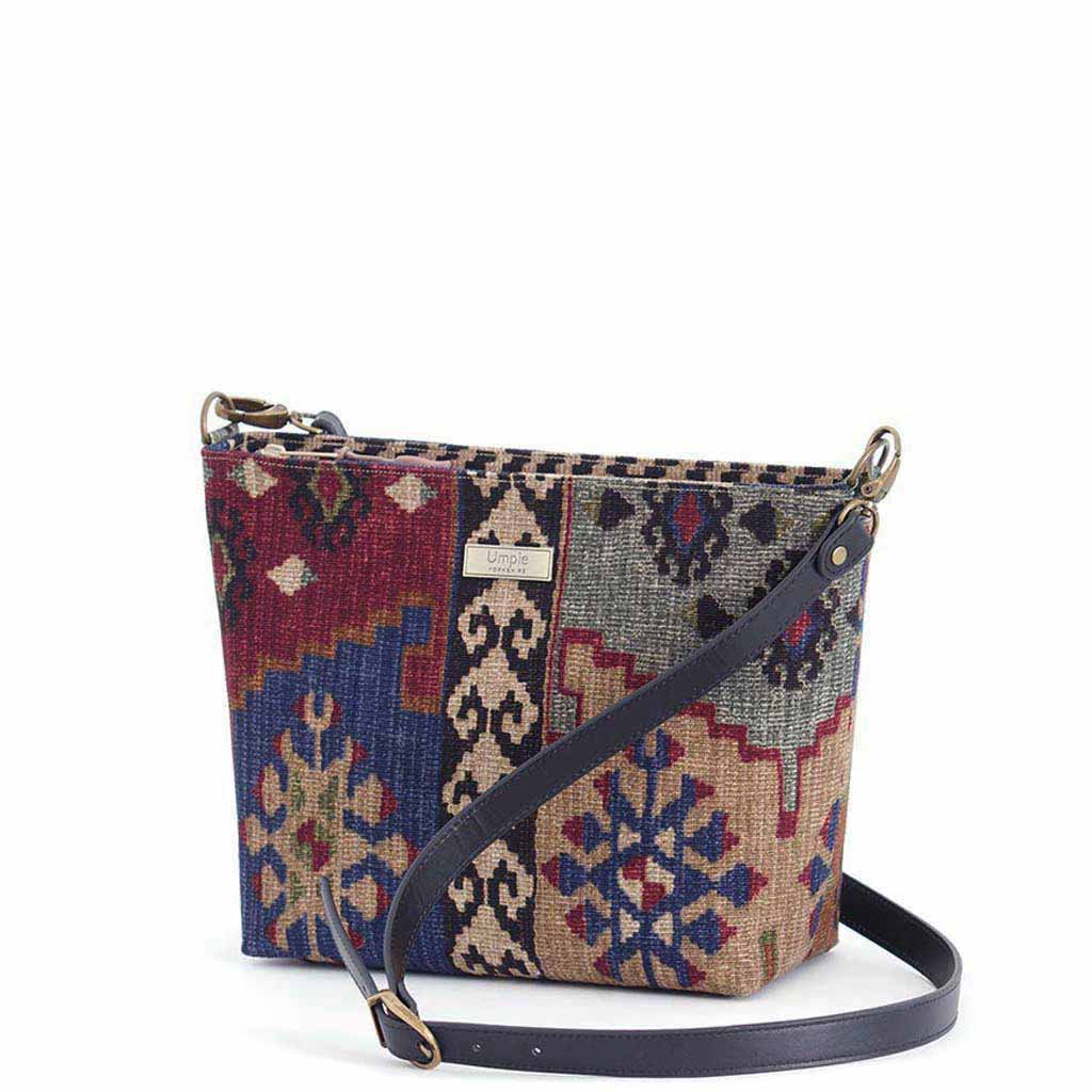 Canvas Crosbbody Bag Kilim design with black leather strap, by Umpie Handbags