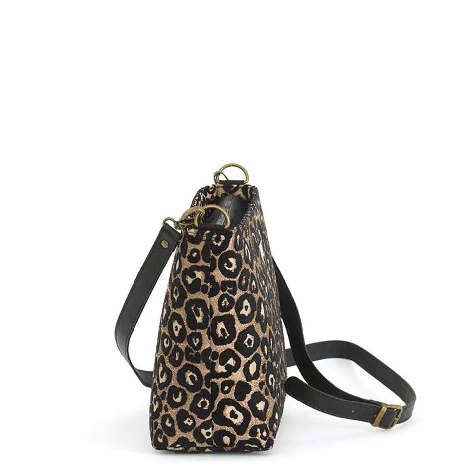 Leopard print crossbody bag with black leather strap by Umpie Handbags - side view