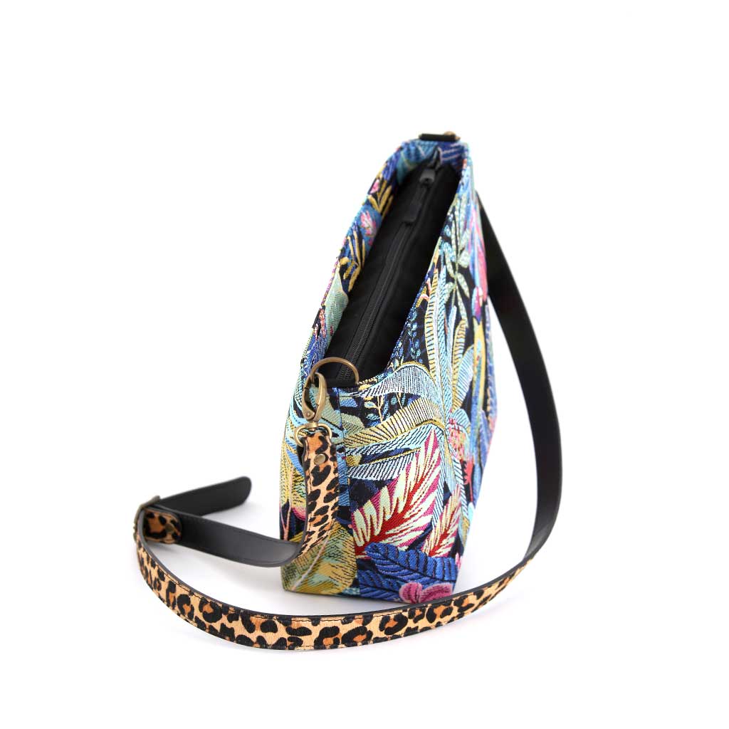 Floral Crossbody Bag with Leopard Strap, by Umpie Handbags - zip-top view