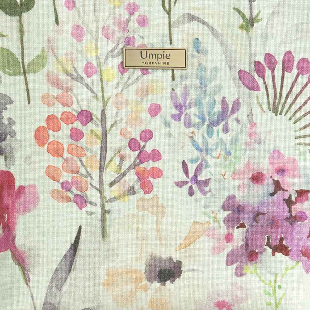 Close-up of lilac floral botanical print on premium linen showing delicate detail and soft colour palette by Umpie Handbags



