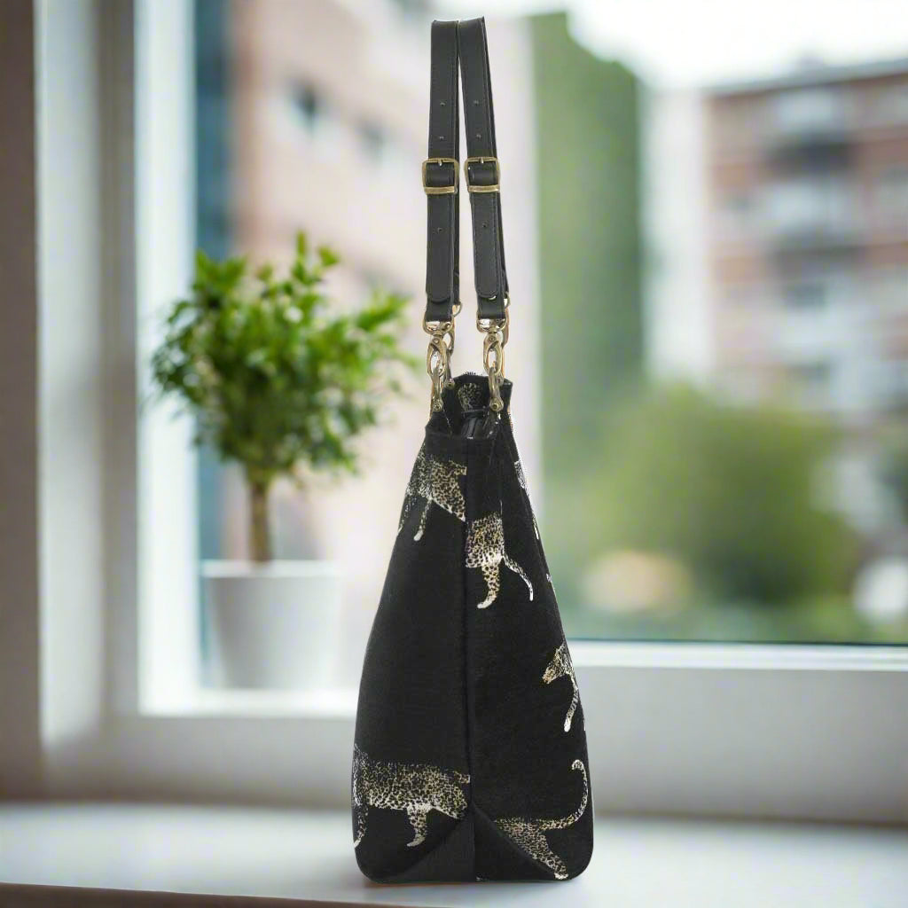 Leopard Print Tote Bag Black/Gold, by Umpie Handbags - side view