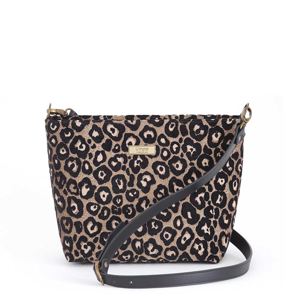 Leopard print crossbody bag with black leather strap by Umpie Handbags