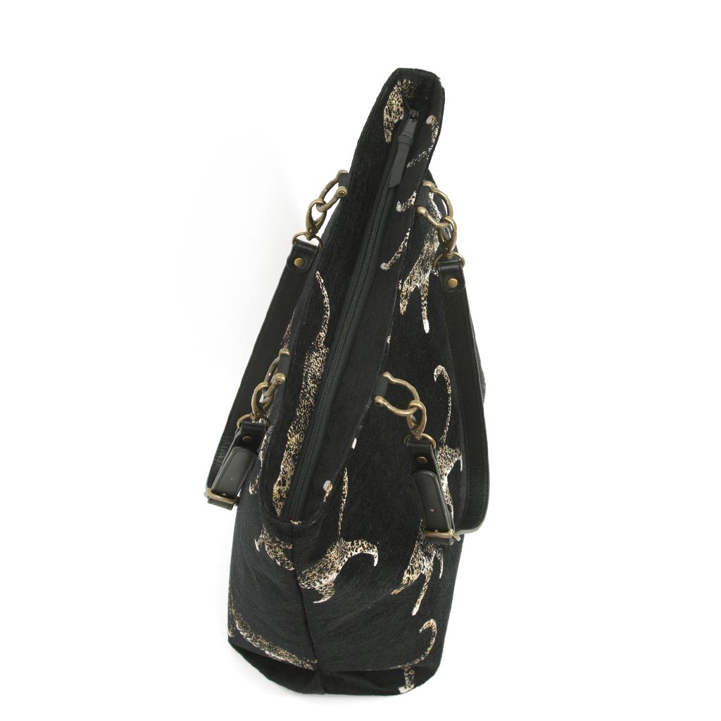 Leopard Print Tote Bag Black/Gold, by Umpie Handbags - zip-top view