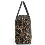  Leopard Print Weekend Bag with black leather handles by Umpie Handbags - side view