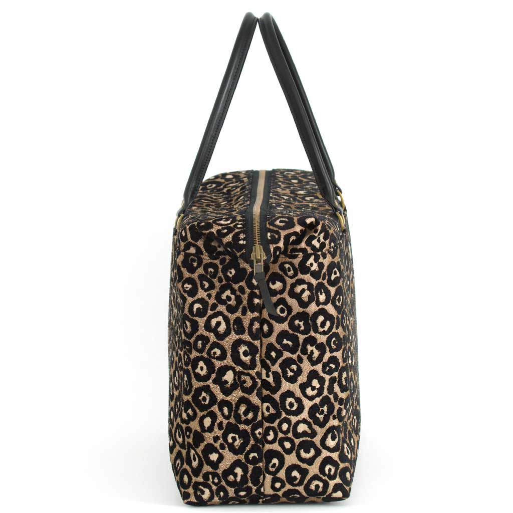  Leopard Print Weekend Bag with black leather handles by Umpie Handbags - side view