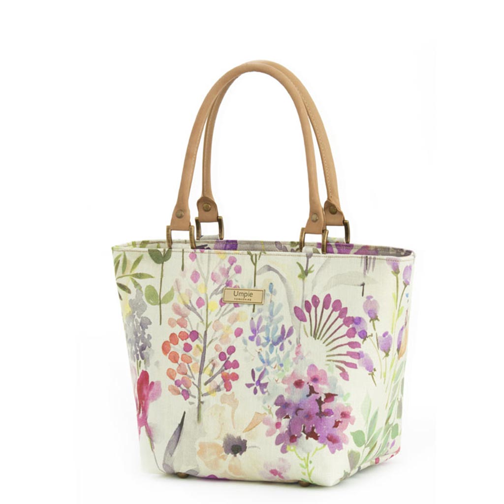 Lilac Floral Handbag with tan leather handles by Umpie Bags