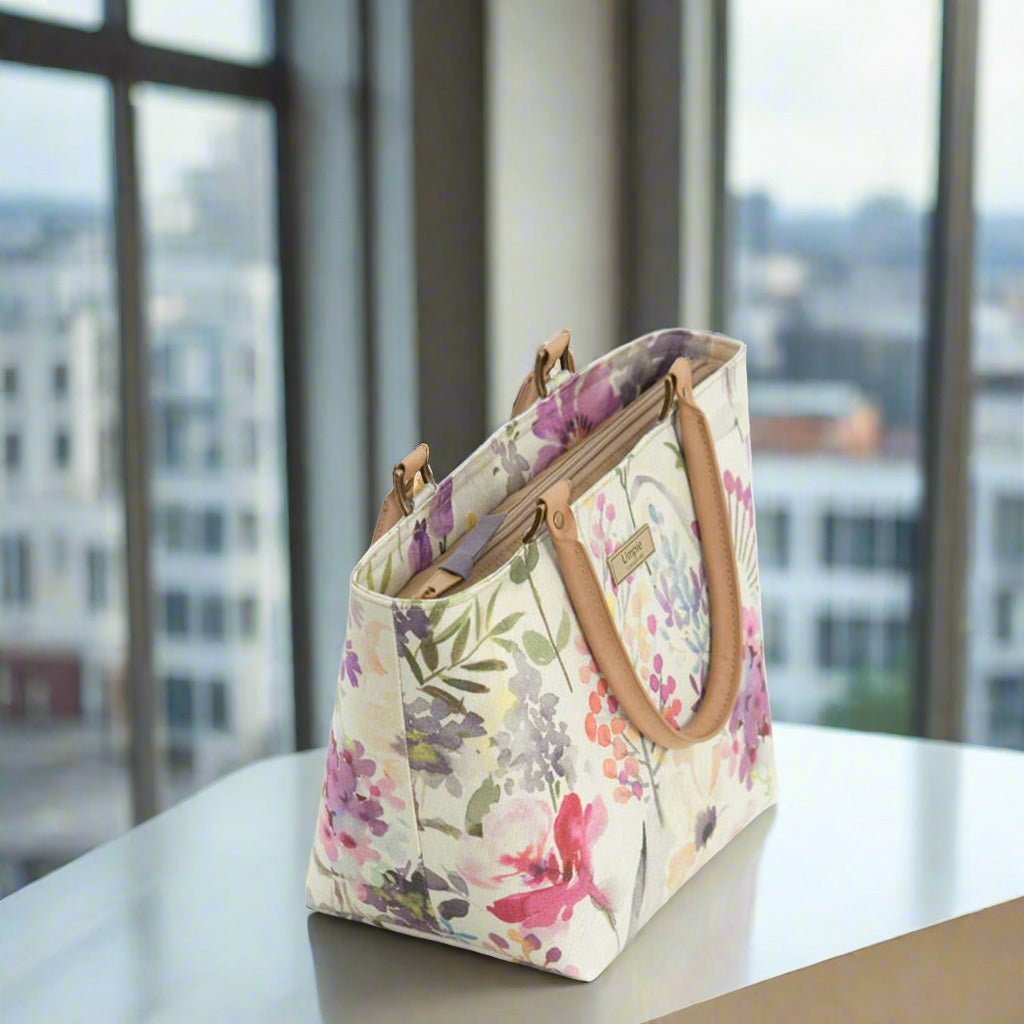 Top zip detail of Lilac Floral Handbag revealing spacious interior and secure closure by Umpie Handbags

