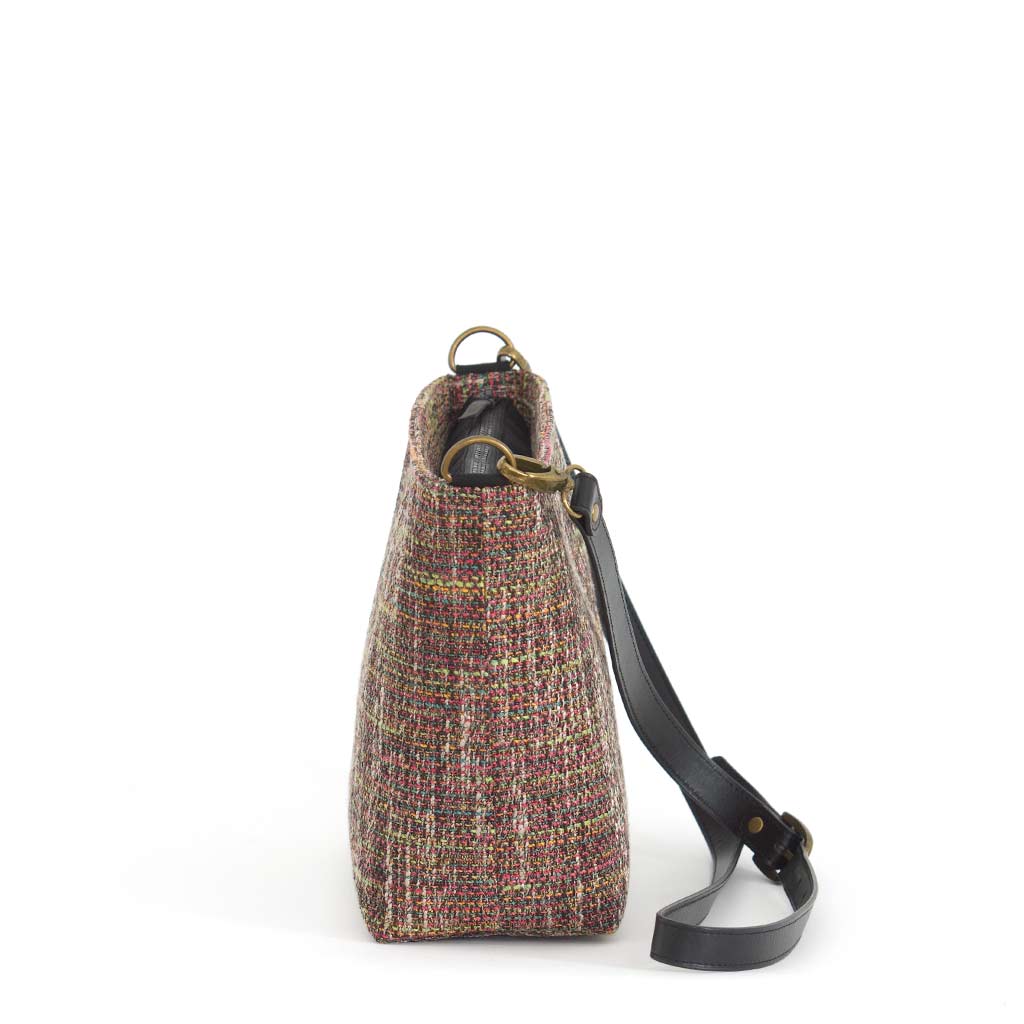 Pink Tweed Crossbody Bag with black leather strap, by Umpie Bags - side view