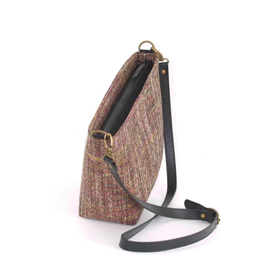 Pink Tweed Crossbody Bag with black leather strap, by Umpie Bags - zip-top view