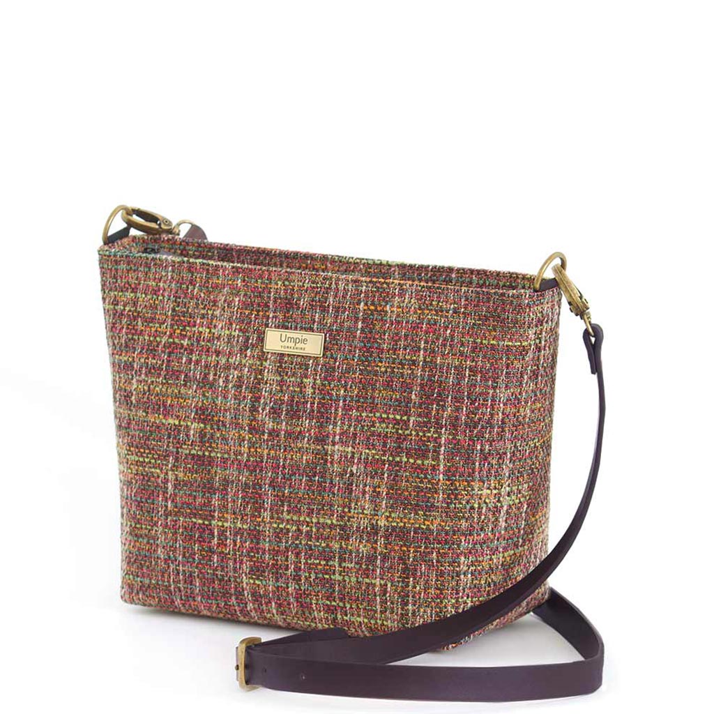Pink Tweed Crossbody Bag with black leather strap, by Umpie Bags