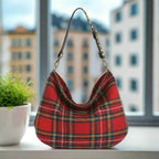 Stunning Royal Stewart Tartan Hobo Bag front view - majestic Harris Tweed heritage with contemporary leopard print accent