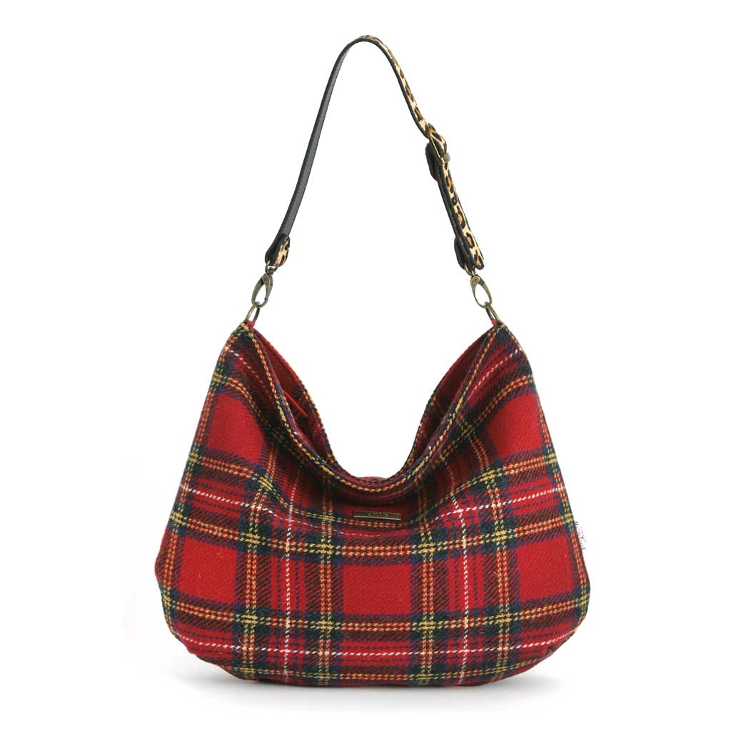 Front view of Red Tartan Harris Tweed Hobo Bag with Leopard Strap