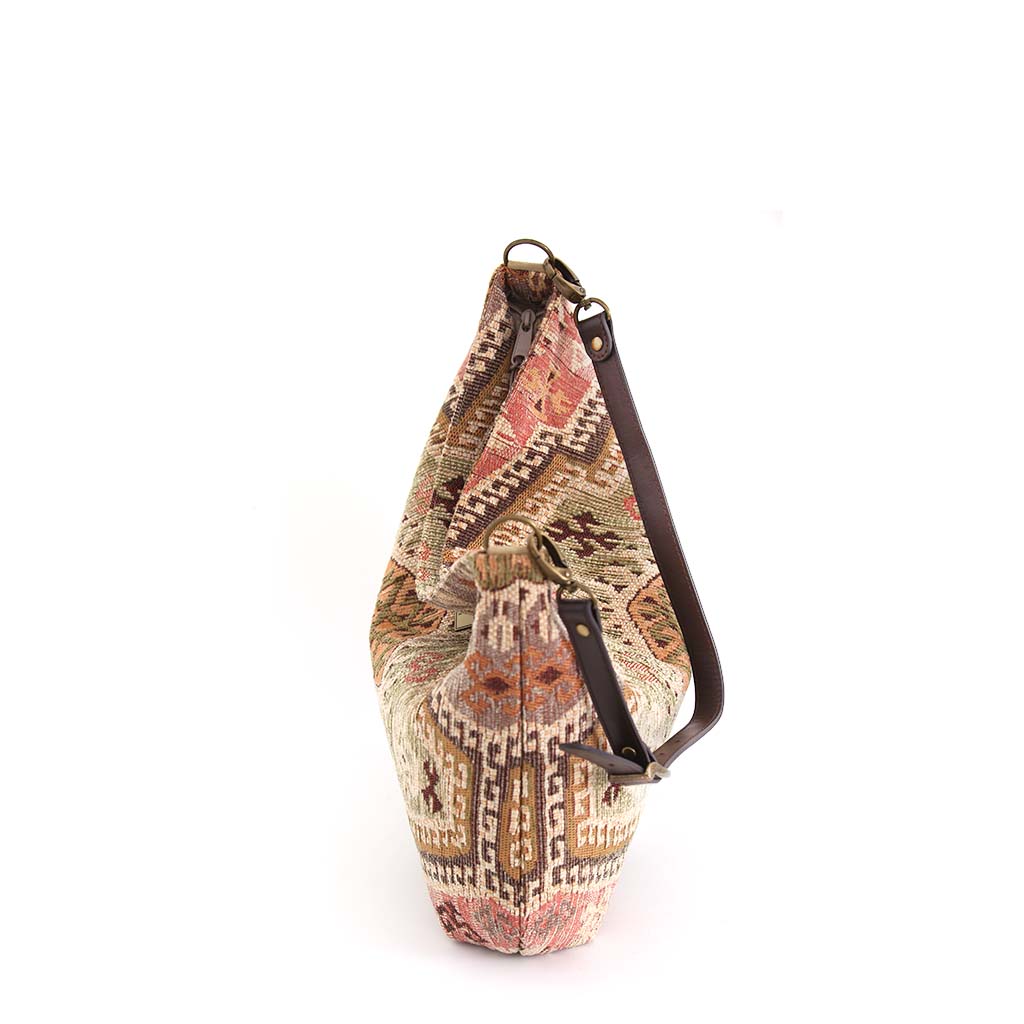 Tapestry Hobo Bag with brown leather strap, by Umpie Handbags -zip-top view